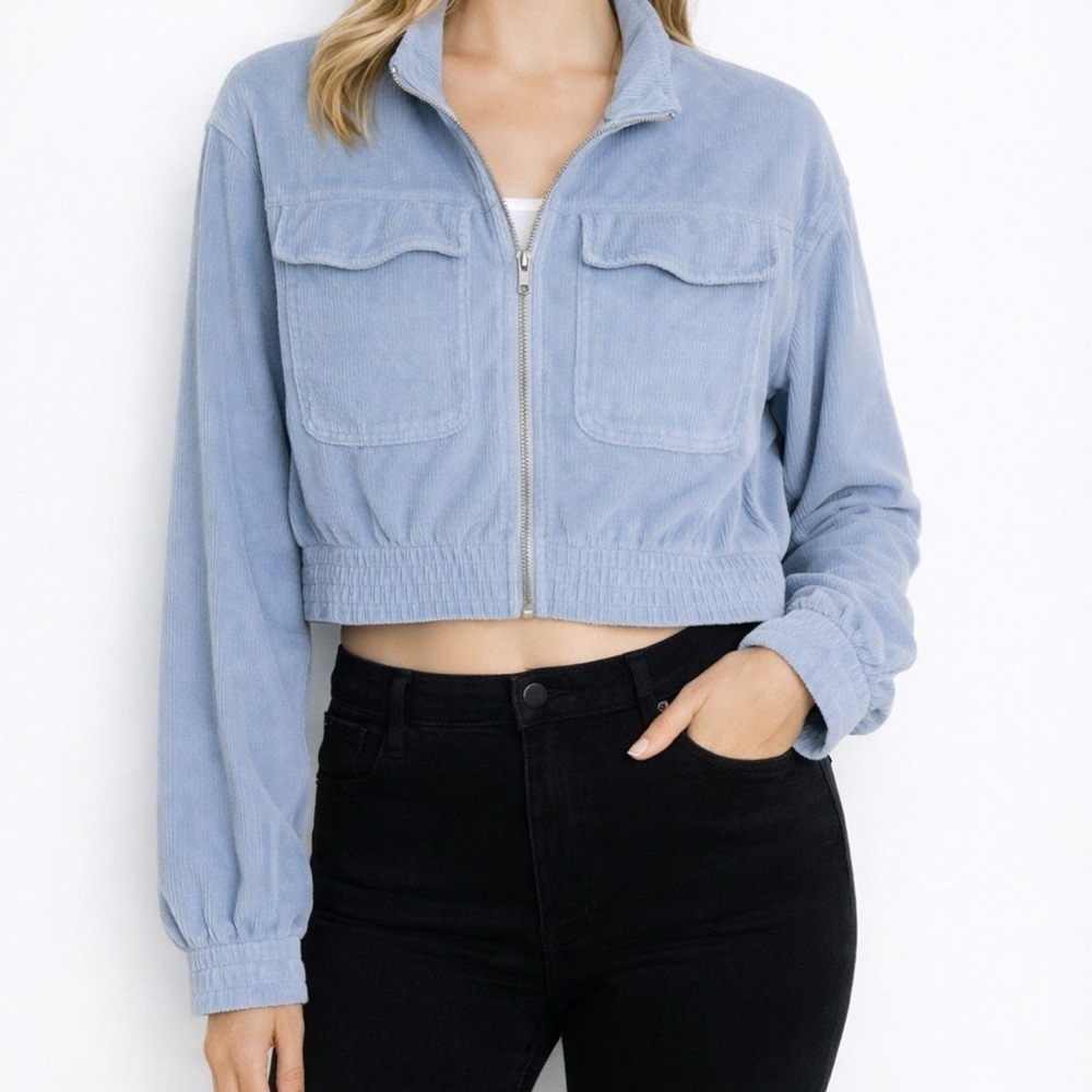 Aerie Light Blue Corduroy Cropped Zip Jacket Size Small